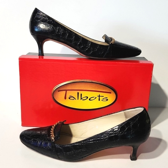 Talbots Shoes - Talbots Black Leather Croc Embossed Gold Chain Detail Heels Size 8 W